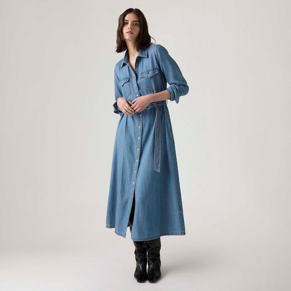 Vestido Jeans Levi's® Quincey Maxi Manga Longa Lavagem Média