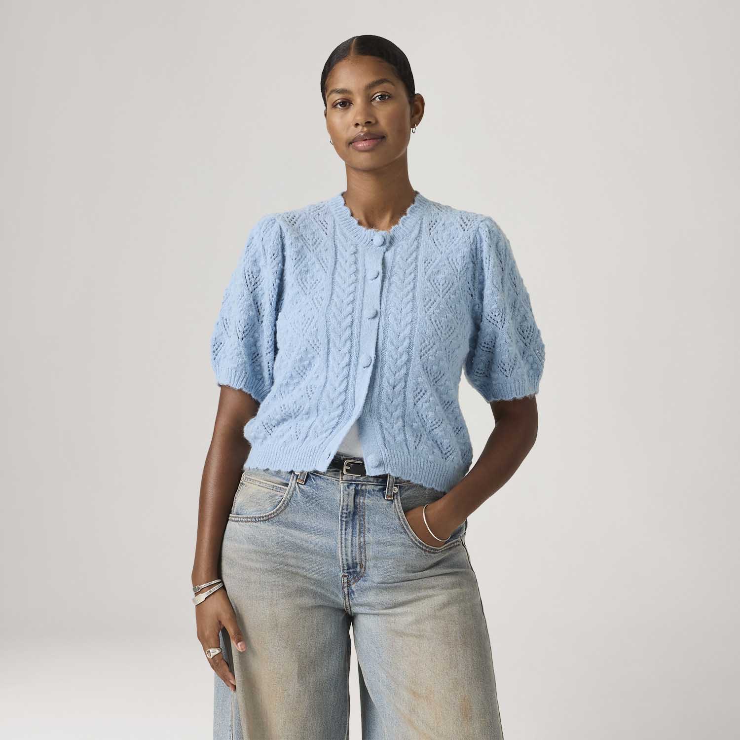 Cardigã Levi's® Pauline Tricot Azul Manga Curta