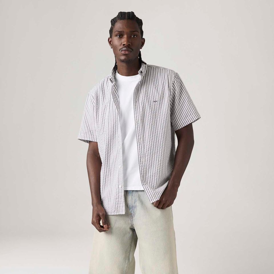 Camisa Levi's® Authentic Button Down Listrada Cinza Claro Manga Curta