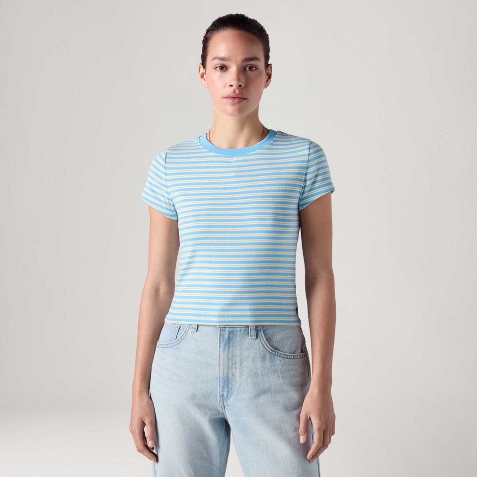 Camiseta Levi's® Essential Baby Tee Listrada Azul Claro Manga Curta